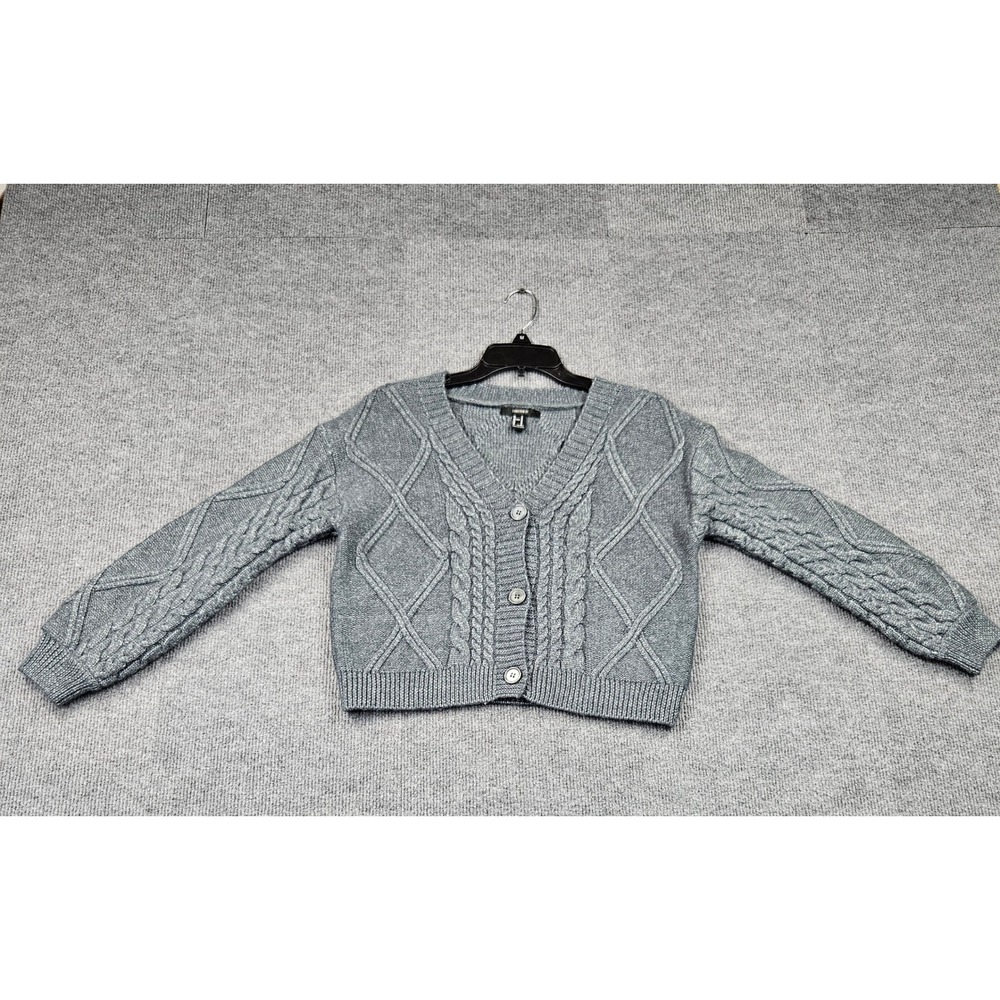 Forever 21 Womens Gray Cable Knit Cropped Cardigan Sweater V-Neck M Preppy
